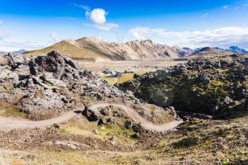 travel to Iceland - view of mountains and camp in Landmannalaugar area of Fjallabak Nature Reserve in Highlands region of Iceland in september