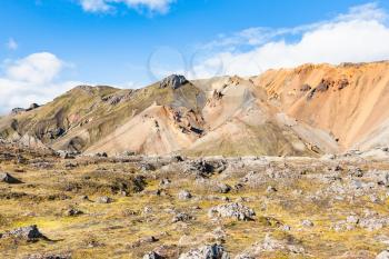 travel to Iceland - volcanic mountains near Laugahraun lava field in Landmannalaugar area of Fjallabak Nature Reserve in Highlands region of Iceland in september