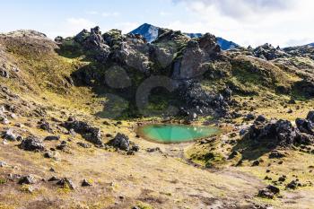 travel to Iceland - green lake in Landmannalaugar area of Fjallabak Nature Reserve in Highlands region of Iceland in september