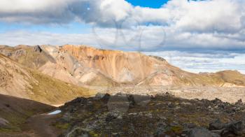 travel to Iceland - way to Laugahraun volcanic lava field in Landmannalaugar area of Fjallabak Nature Reserve in Highlands region of Iceland in september