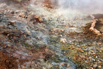 travel to Iceland - water flow from geyser in Landmannalaugar area of Fjallabak Nature Reserve in Highlands region of Iceland in september