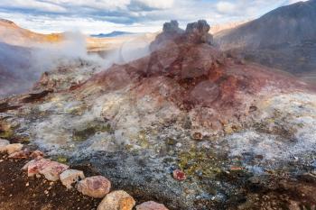 travel to Iceland - acidic geyser in Landmannalaugar area of Fjallabak Nature Reserve in Highlands region of Iceland in september