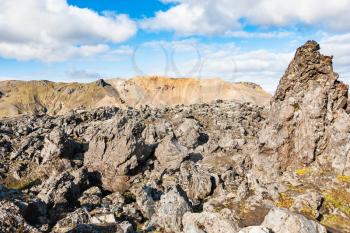 travel to Iceland - old Laugahraun volcanic lava field in Landmannalaugar area of Fjallabak Nature Reserve in Highlands region of Iceland in september
