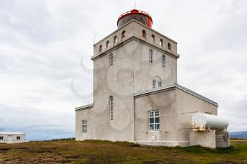 travel to Iceland - exterior of Dyrholaeyjarvit lighthouse on Dyrholaey peninsula, near Vik I Myrdal village on Atlantic South Coast in Katla Geopark in september