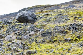 travel to Iceland - pumice stones in valley of Solheimajokull glacier (South glacial tongue of Myrdalsjokull ice cap) in Katla Geopark on Icelandic Atlantic South Coast in september