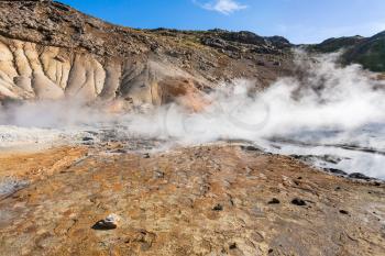 travel to Iceland - geysers in geothermal Krysuvik area on Southern Peninsula (Reykjanesskagi, Reykjanes Peninsula) in september