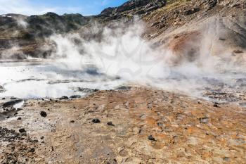 travel to Iceland - thermal geysers in geothermal Krysuvik area on Southern Peninsula (Reykjanesskagi, Reykjanes Peninsula) in september