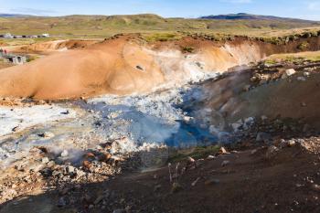 travel to Iceland - above view of thermal springs in geothermal Krysuvik area on Southern Peninsula (Reykjanesskagi, Reykjanes Peninsula) in september