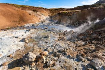 travel to Iceland - acidic hot springs in geothermal Krysuvik area on Southern Peninsula (Reykjanesskagi, Reykjanes Peninsula) in september