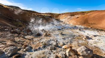 travel to Iceland - acidic springs in geothermal Krysuvik area on Southern Peninsula (Reykjanesskagi, Reykjanes Peninsula) in september