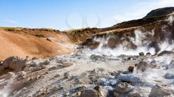 travel to Iceland - mud pools in geothermal Krysuvik area on Southern Peninsula (Reykjanesskagi, Reykjanes Peninsula) in september
