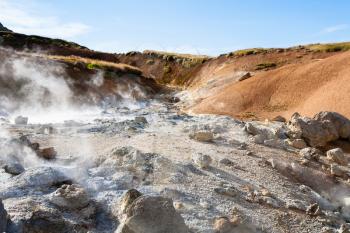 travel to Iceland - mud pots in geothermal Krysuvik area on Southern Peninsula (Reykjanesskagi, Reykjanes Peninsula) in september