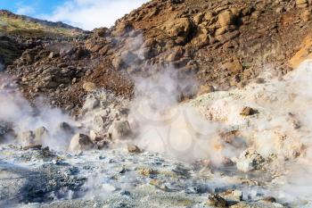 travel to Iceland - acidic fumarole in geothermal Krysuvik area on Southern Peninsula (Reykjanesskagi, Reykjanes Peninsula) in september