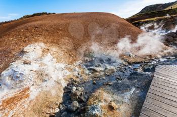 travel to Iceland - hot water flow in geothermal Krysuvik area on Southern Peninsula (Reykjanesskagi, Reykjanes Peninsula) in september