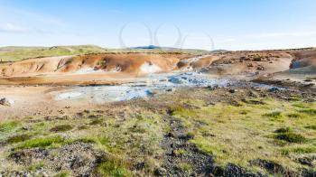 travel to Iceland - view of geothermal Krysuvik area with fumaroles on Southern Peninsula (Reykjanesskagi, Reykjanes Peninsula) in september