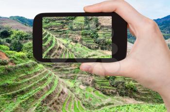 travel concept - tourist photographs terraced slope with rice paddy near Dazhai village in Longsheng (Dragon's Backbone, Longji) Rice Terraces county in China in spring on smartphone