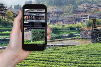 travel concept - tourist photographs tea plantation and Chengyang Wind and Rain (Fengyu, Yongji, Panlong) Bridge in Sanjiang Dong Autonomous County in China in spring on smartphone