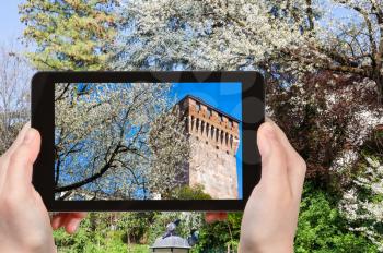 travel concept - tourist photographs blossoming tree and tower Torrione di Porta Castello in urban public park Giardini Salvi (Garden of Valmarana Salvi) in Vicenza city in Italy in spring on tablet