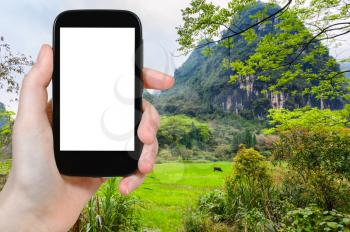 travel concept - tourist photographs green meadow near karst mountain in Yangshuo County in China in spring season on smartphone with cut out screen for advertising logo