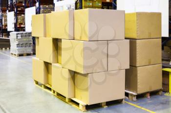 packaged boxes and cartons on wooden pallets in warehouse