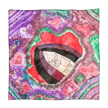 top view of hand painted batik silk headscarf with abstract love relationships pattern isolated on white background