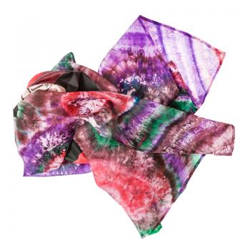 crumpled hand painted pink batik silk headscarf with abstract pattern isolated on white background