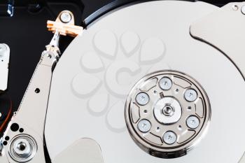 top view of open internal 3.5-inch sata hard disk drive close up