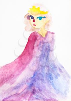 hand drawn training picture - girl with yellow hair in pink long cloak by watercolours on white paper