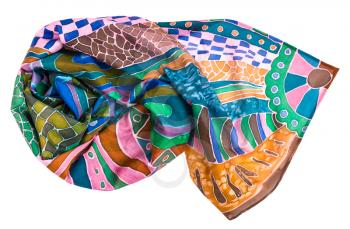 wrapped silk scarf painted in cold contour batik technique isolated on white background