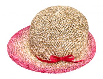 side view of straw hat with pink colored narrow brim isolated on white background