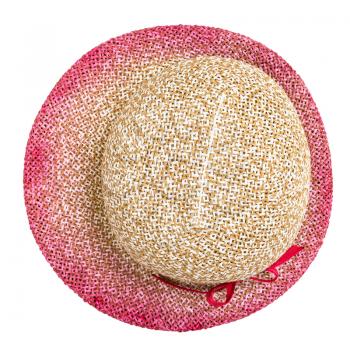 top view of straw hat with pink colored narrow brim isolated on white background