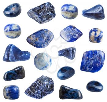 collection of various blue Sodalite and Dumortierite gemstones isolated on white background
