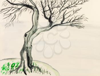 training drawing in suibokuga sumi-e style with watercolor paints - tree on riverbank hand painted on cream colored paper