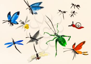 training drawing in suibokuga sumi-e style with watercolor paints - lot of insects hand painted on cream colored paper