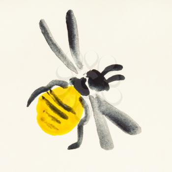 training drawing in suibokuga sumi-e style with watercolor paints - honeybee painted on cream colored paper