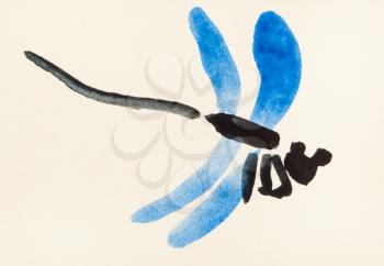 training drawing in suibokuga sumi-e style with watercolor paints - flying dragonfly with blue wings hand painted on cream colored paper