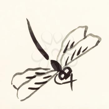 training drawing in suibokuga sumi-e style with watercolor paints - dragonfly with transparent wings hand painted on cream colored paper