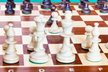 view from white side of first chess pawn moves on chessboard. Focus on the pawns