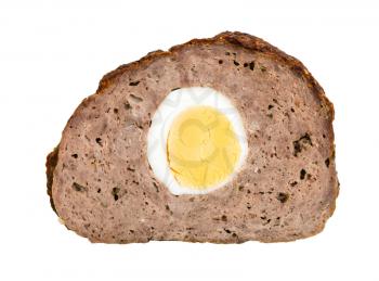slice of baked roulade from minced meat with boiled egg isolated on white background