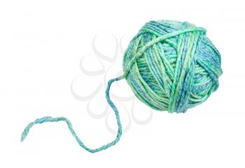 skein of greenish blue melange yarn with unwound tail isolated on white background