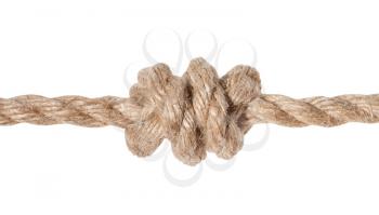 double overhand knot tied on thick jute rope isolated on white background