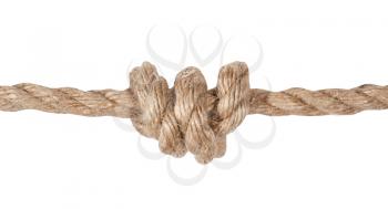 another side of double overhand knot tied on thick jute rope isolated on white background