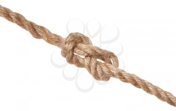 figure-eight knot tied on thick jute rope isolated on white background