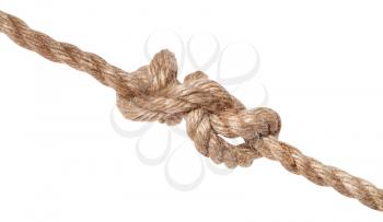 stevedore knot tied on thick jute rope isolated on white background