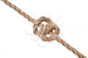 deadeye knot tied on thick jute rope isolated on white background