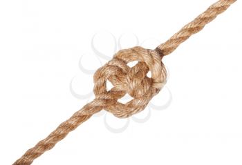 another side of deadeye knot tied on thick jute rope isolated on white background