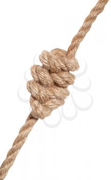 multiple figure-eight knot tied on thick jute rope isolated on white background