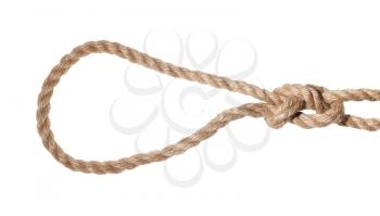 slipped figure-eight loop noose tied on thick jute rope isolated on white background