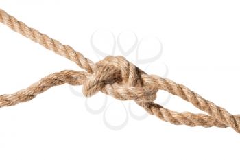 knot of slipped figure-eight noose close up on thick jute rope isolated on white background