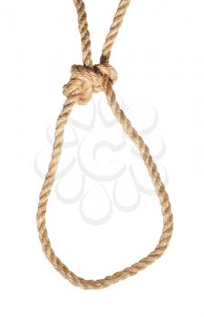 Running bowline knot tied on thick jute rope isolated on white background